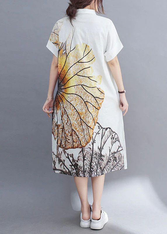 Italian White PeterPan Collar Button Print Loose Summer Short Sleeve Dresses - Image 4