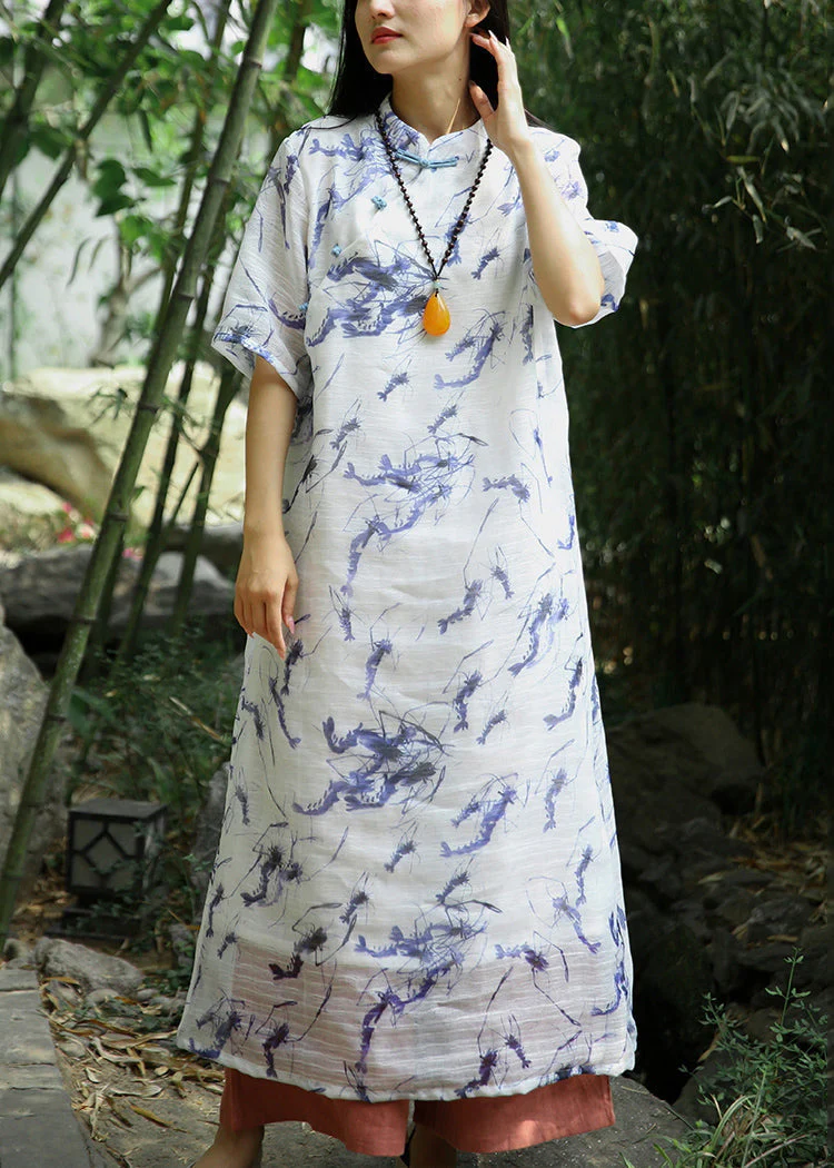 Italian White Print Button Patchwork Long Dress Summer - Image 2
