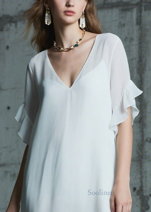 Italian White Ruffled Patchwork Chiffon Long Dress Summer - Image 2