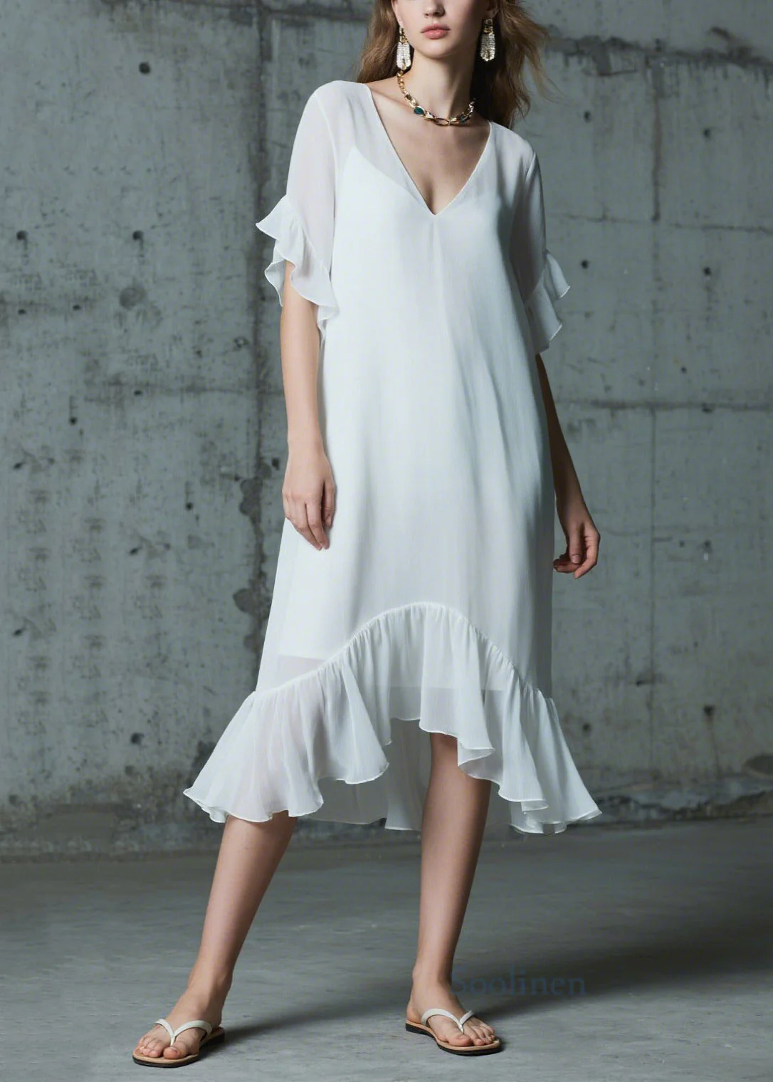 Italian White Ruffled Patchwork Chiffon Long Dress Summer - Image 3