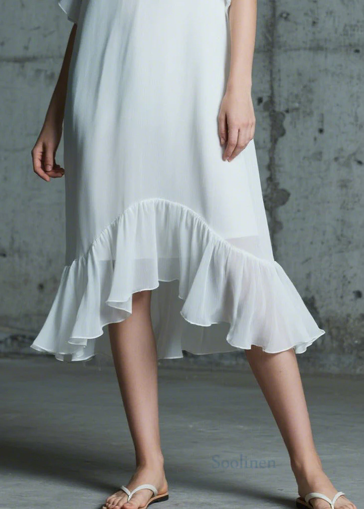Italian White Ruffled Patchwork Chiffon Long Dress Summer - Image 4