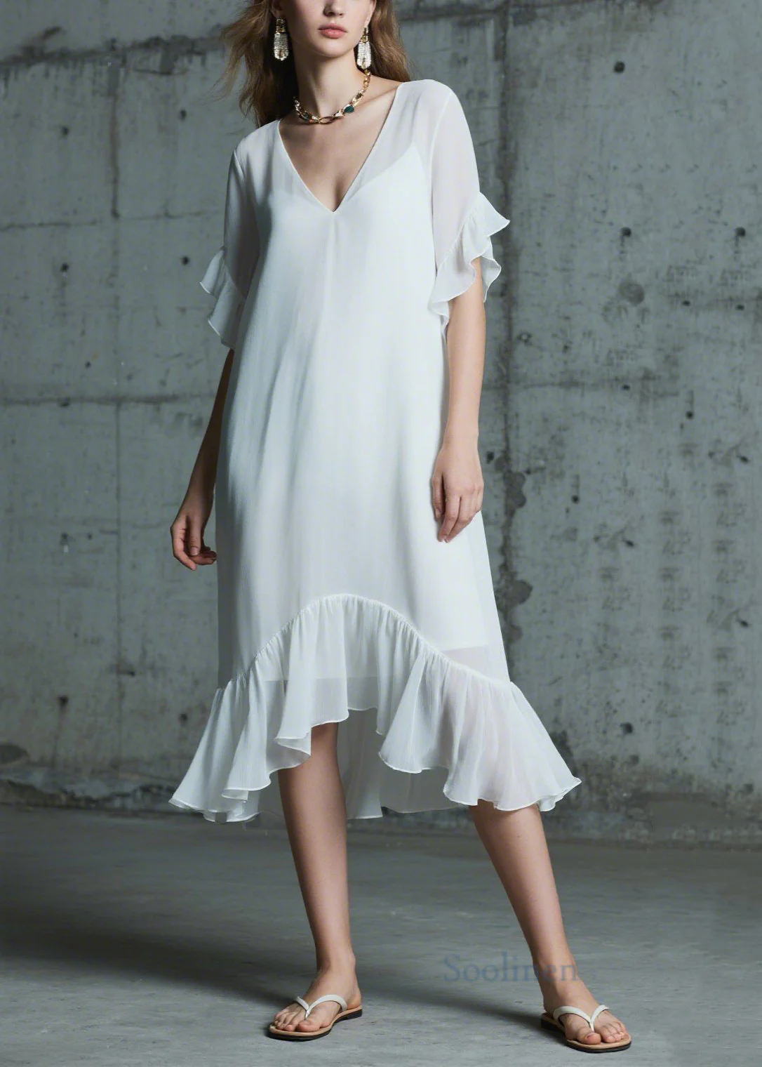 Italian White Ruffled Patchwork Chiffon Long Dress Summer - Image 5