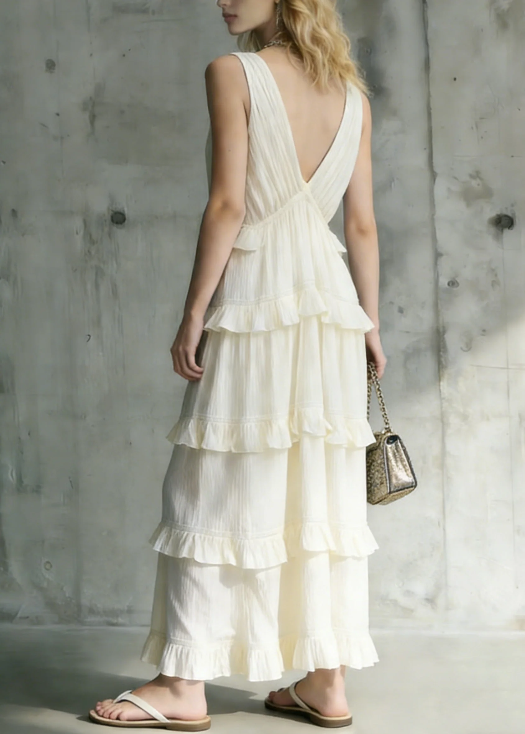 Italian White Ruffled Patchwork Cotton Long Dresses Summer - Image 2