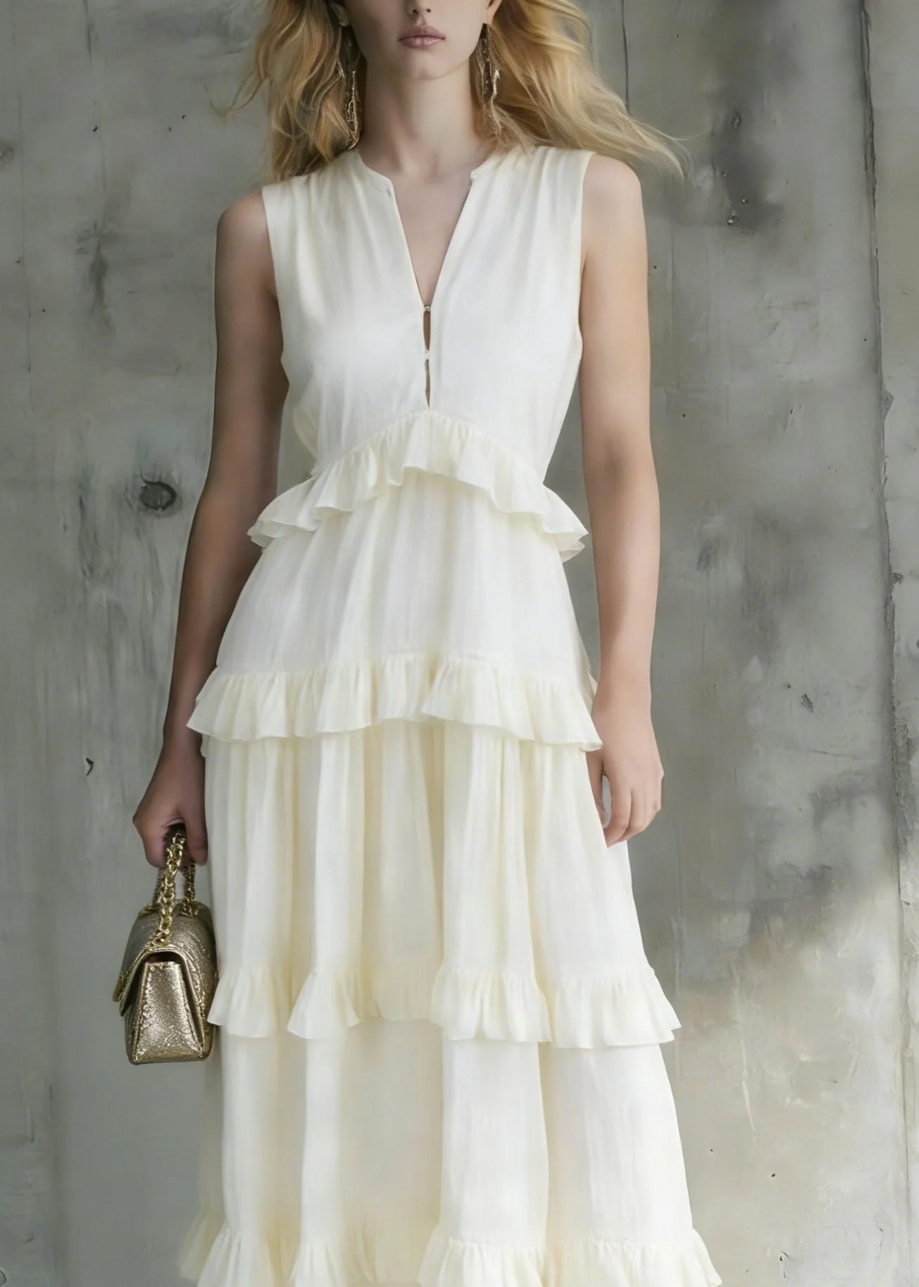 Italian White Ruffled Patchwork Cotton Long Dresses Summer - Image 3