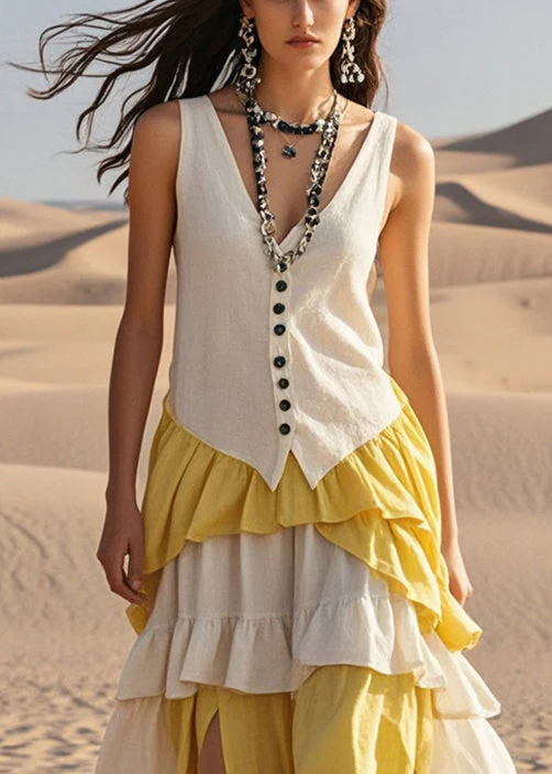 Italian White Ruffled Patchwork Cotton Vacation Dresses Summer - Image 2