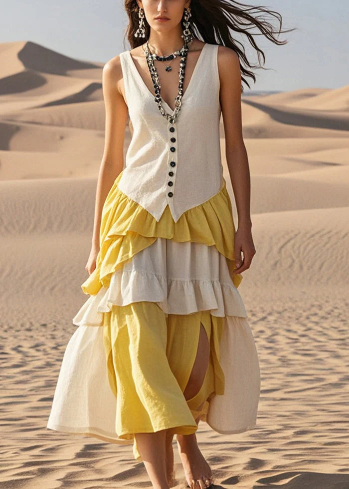 Italian White Ruffled Patchwork Cotton Vacation Dresses Summer - Image 3