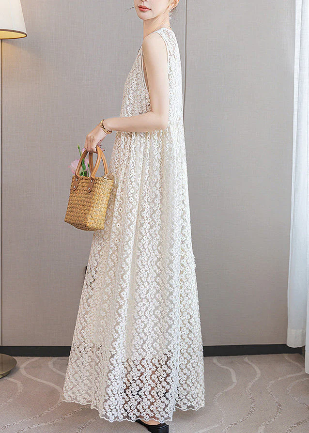 Italian White Ruffled Patchwork Lace Long Dresses Sleeveless - Image 5