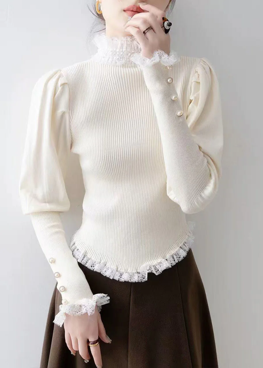 Italian White Silm Fit Patchwork Lace Knitted Tops Winter - Image 2