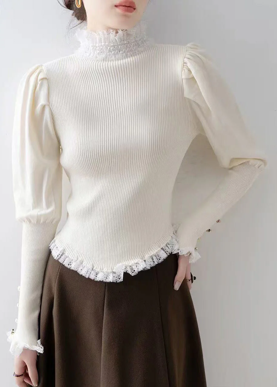 Italian White Silm Fit Patchwork Lace Knitted Tops Winter - Image 3