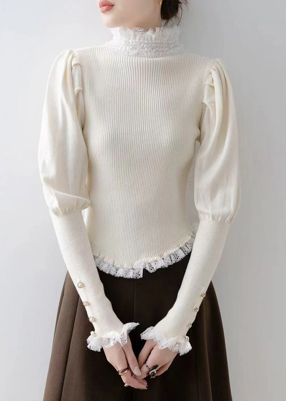 Italian White Silm Fit Patchwork Lace Knitted Tops Winter - Image 4