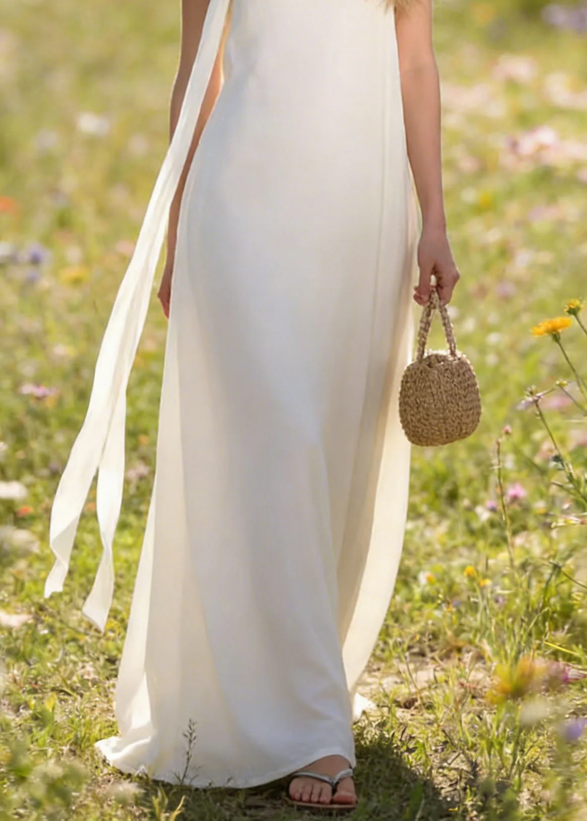 Italian White Simple Chiffon Spaghetti Strap Dress Summer - Image 4
