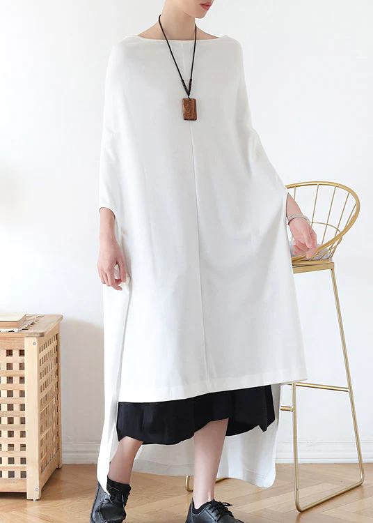 Italian White Slash neck Asymmetrical Cotton Long Dress Batwing Sleeve - Image 2