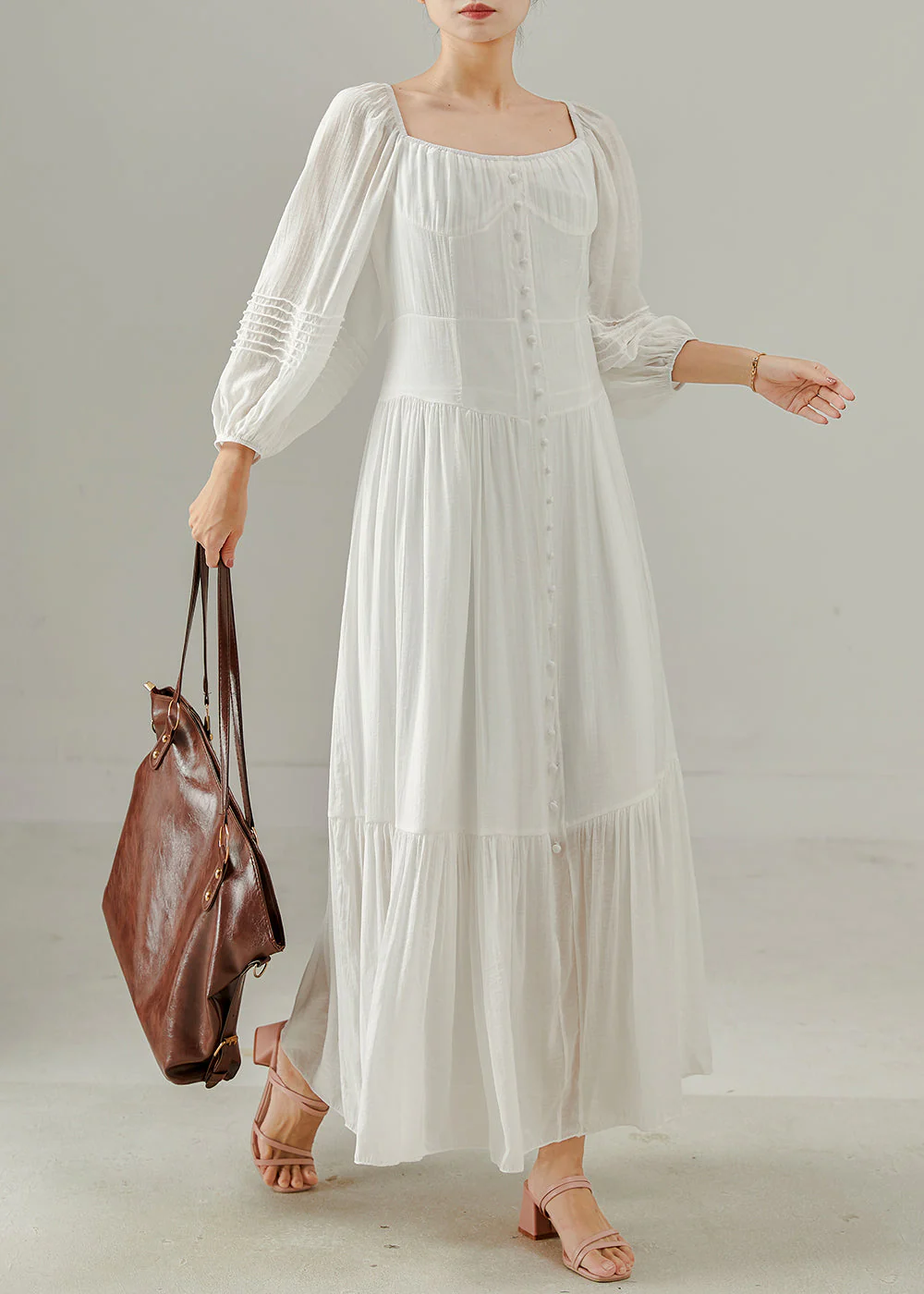 Italian White Square Collar Cotton Holiday Dress Spring - Image 2