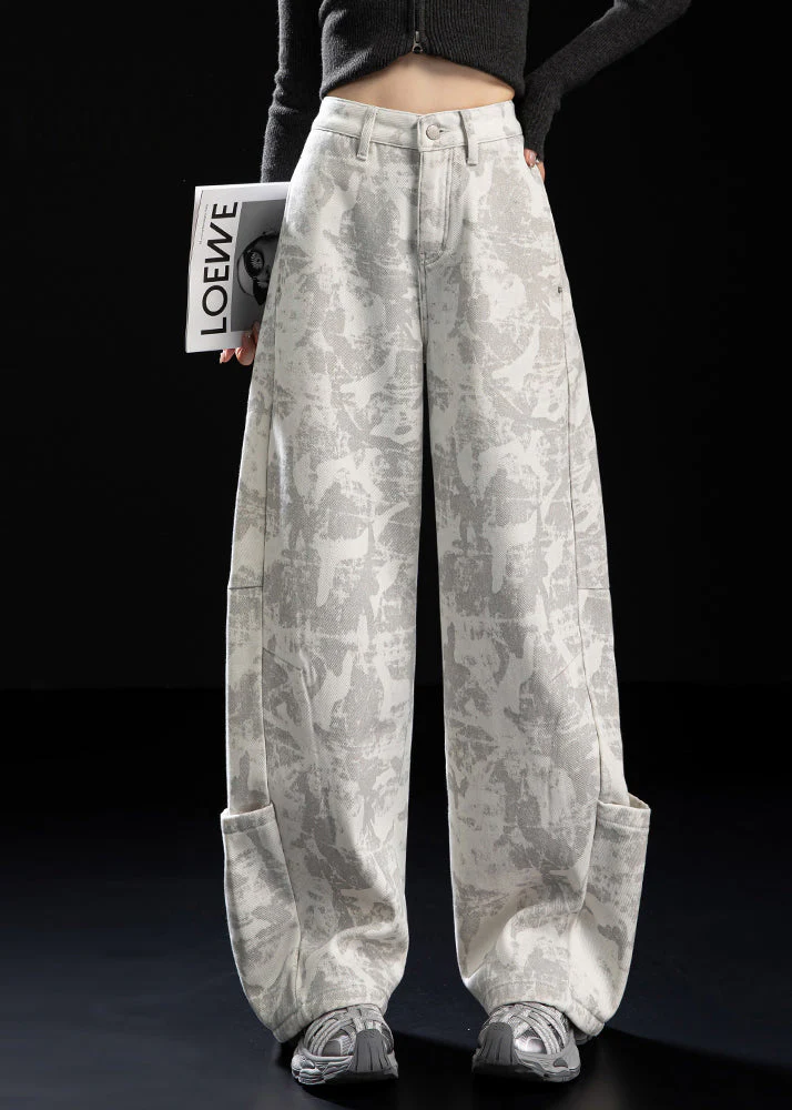 Italian White Tie Dye Patchwork Pockets Warm Fleece Pants Winter - Image 2