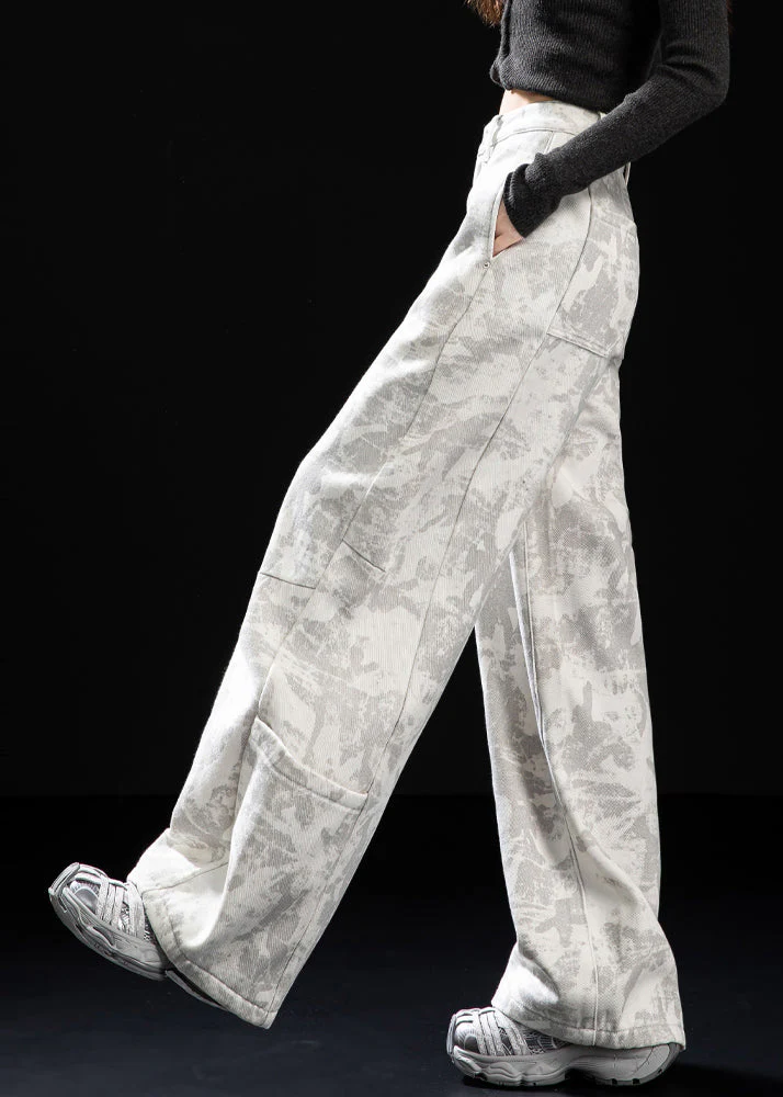 Italian White Tie Dye Patchwork Pockets Warm Fleece Pants Winter - Image 3