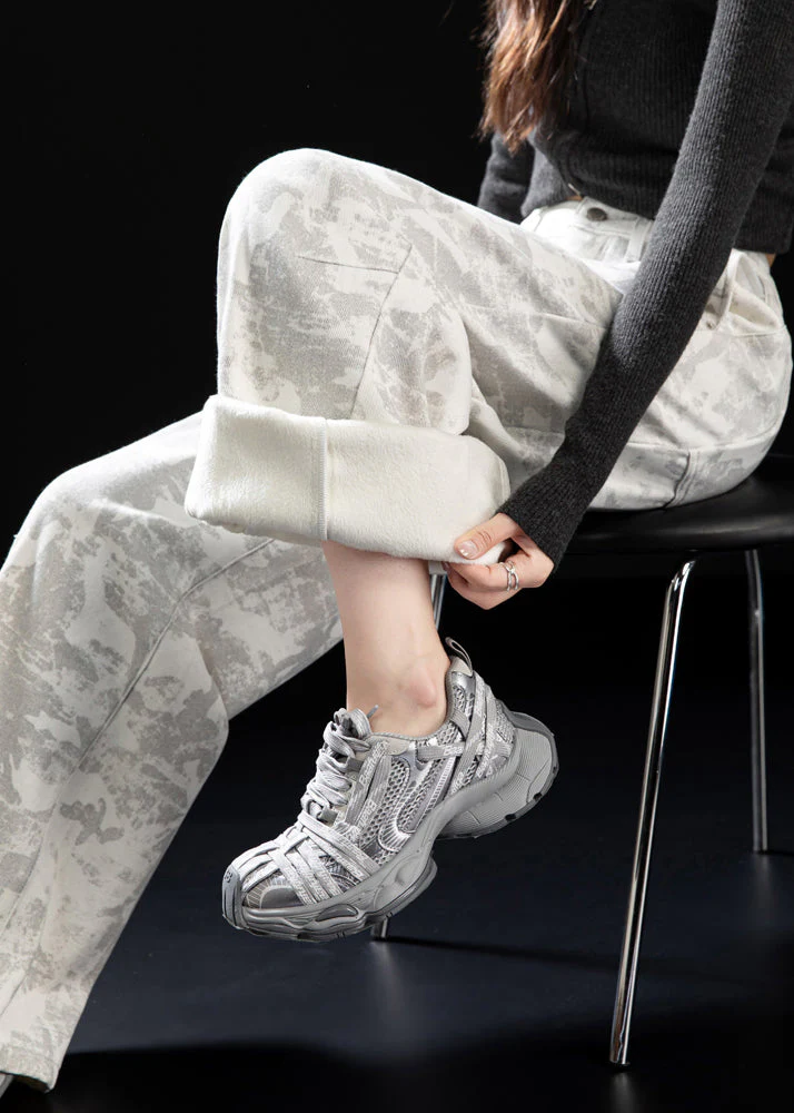 Italian White Tie Dye Patchwork Pockets Warm Fleece Pants Winter - Image 5