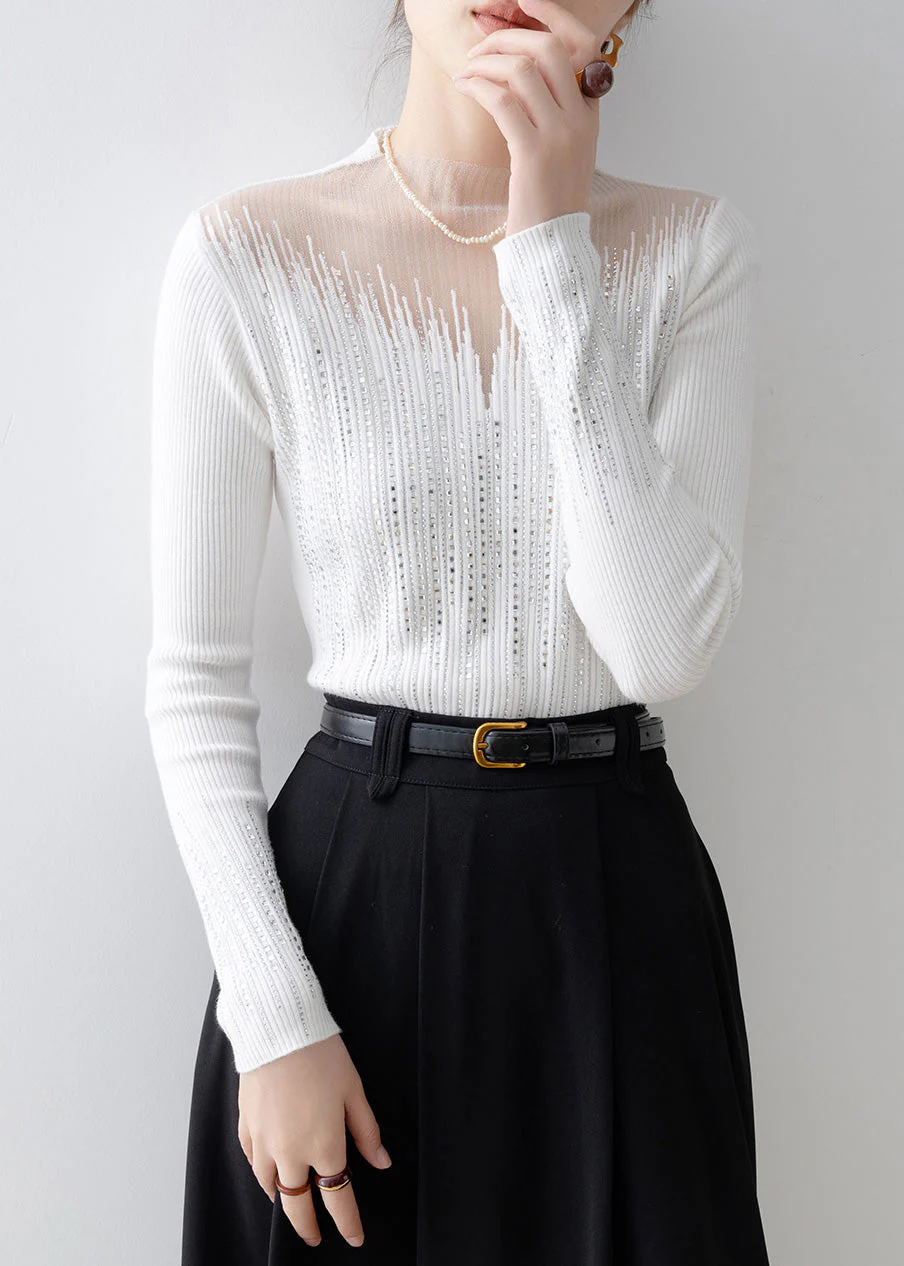 Italian White Tulle Zircon Patchwork Knit Sweater Tops Spring - Image 2