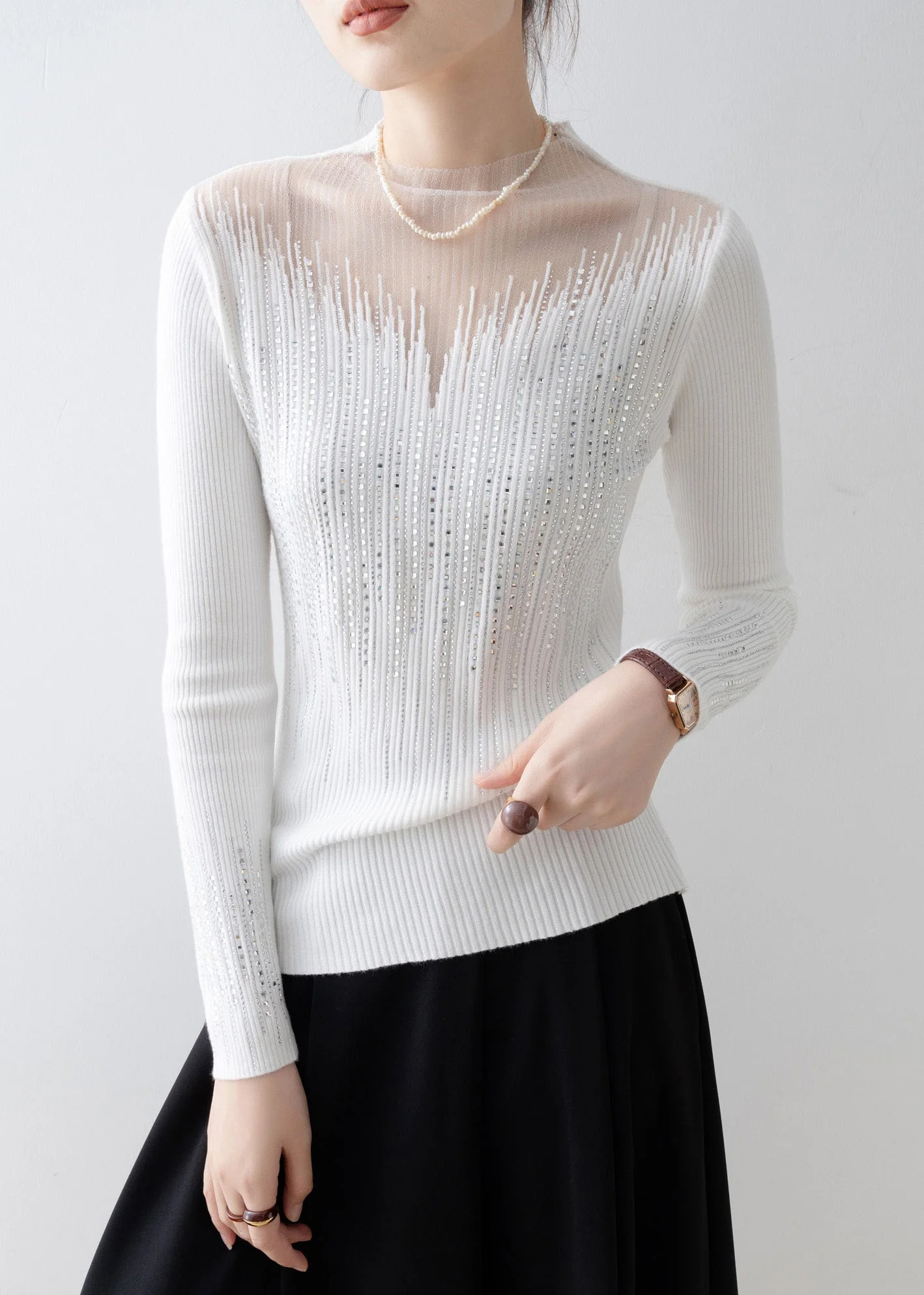Italian White Tulle Zircon Patchwork Knit Sweater Tops Spring - Image 3