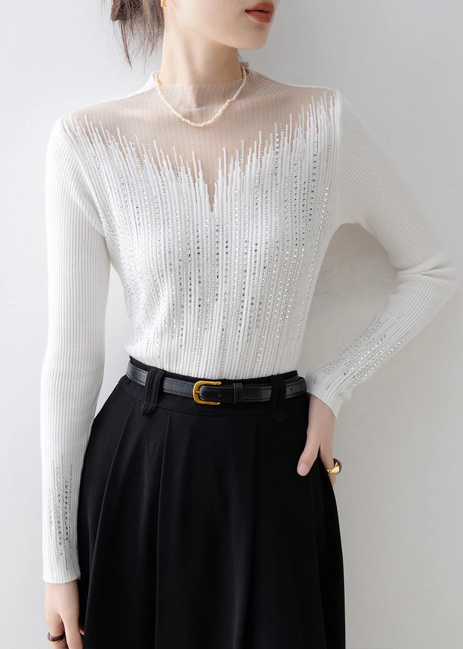 Italian White Tulle Zircon Patchwork Knit Sweater Tops Spring - Image 4