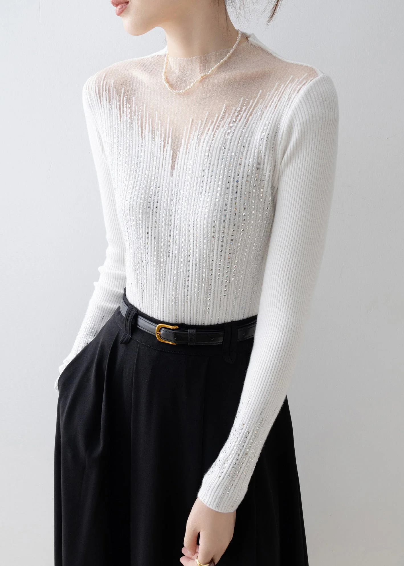 Italian White Tulle Zircon Patchwork Knit Sweater Tops Spring - Image 5