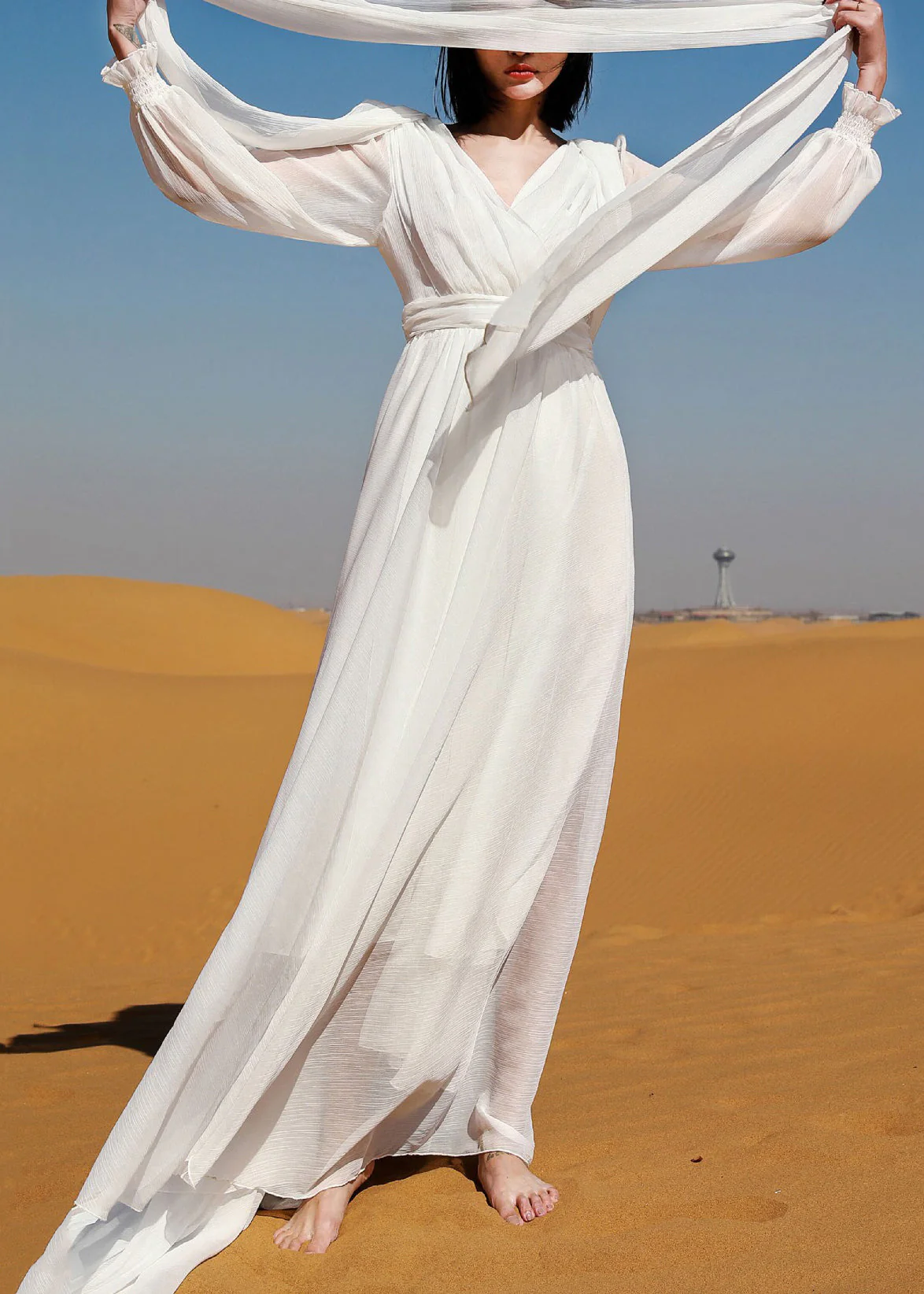 Italian White V Neck Backless Chiffon Robe Dress Spring - Image 2