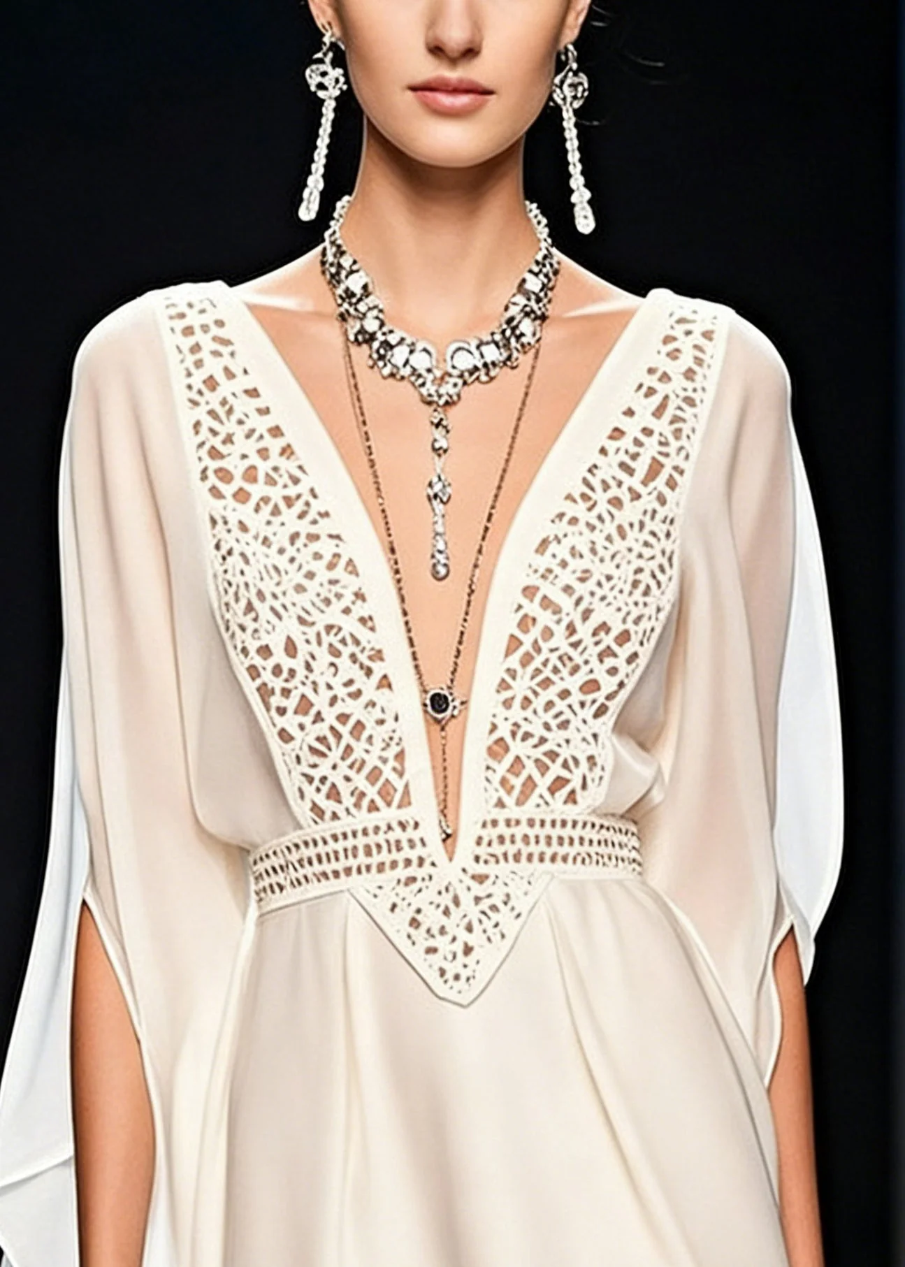 Italian White V Neck Hollow Out Chiffon Mid Dress Batwing Sleeve - Image 2