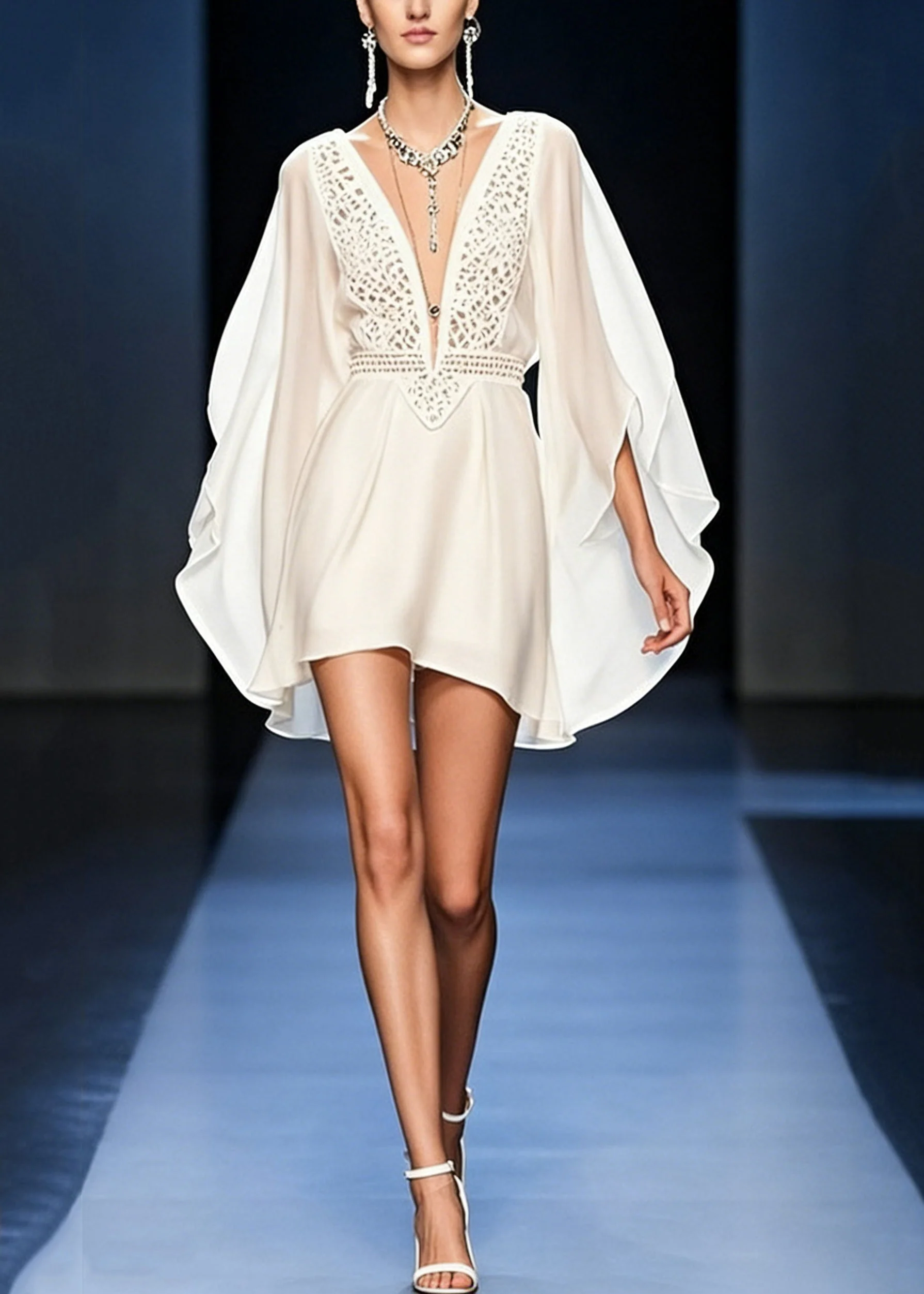 Italian White V Neck Hollow Out Chiffon Mid Dress Batwing Sleeve - Image 3