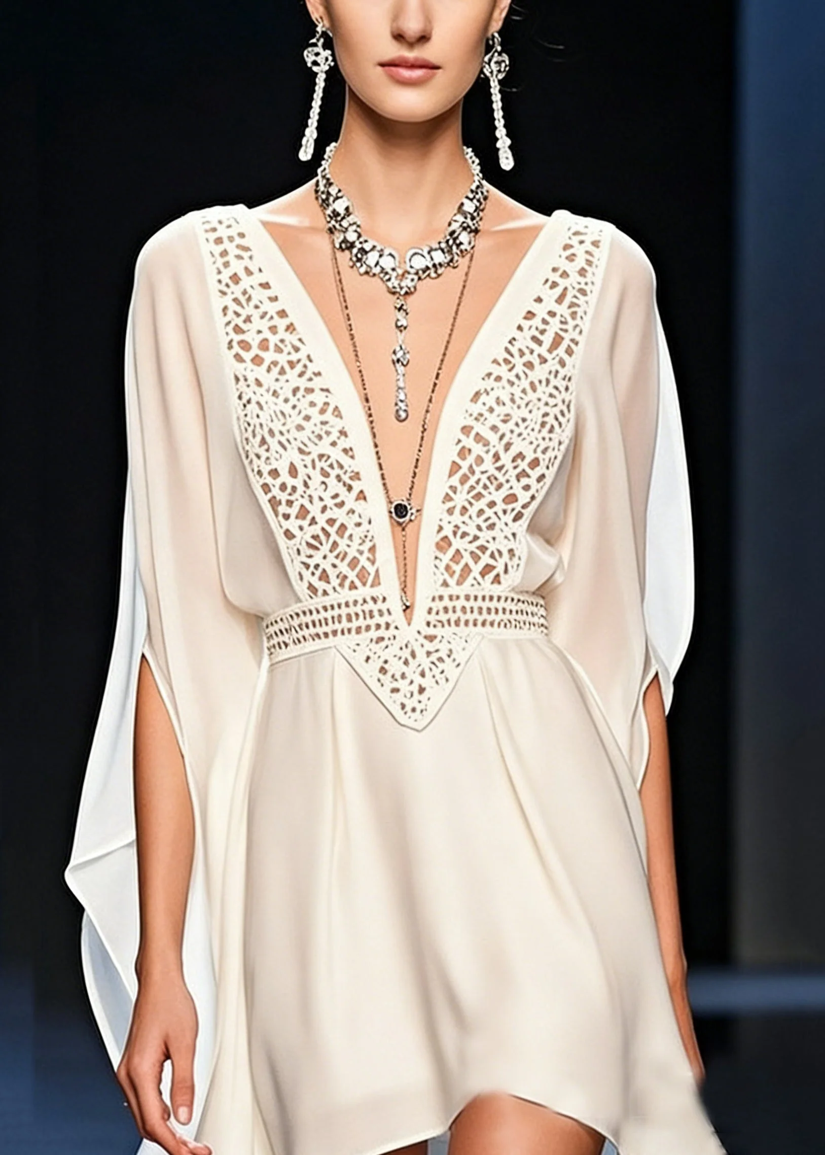 Italian White V Neck Hollow Out Chiffon Mid Dress Batwing Sleeve - Image 4
