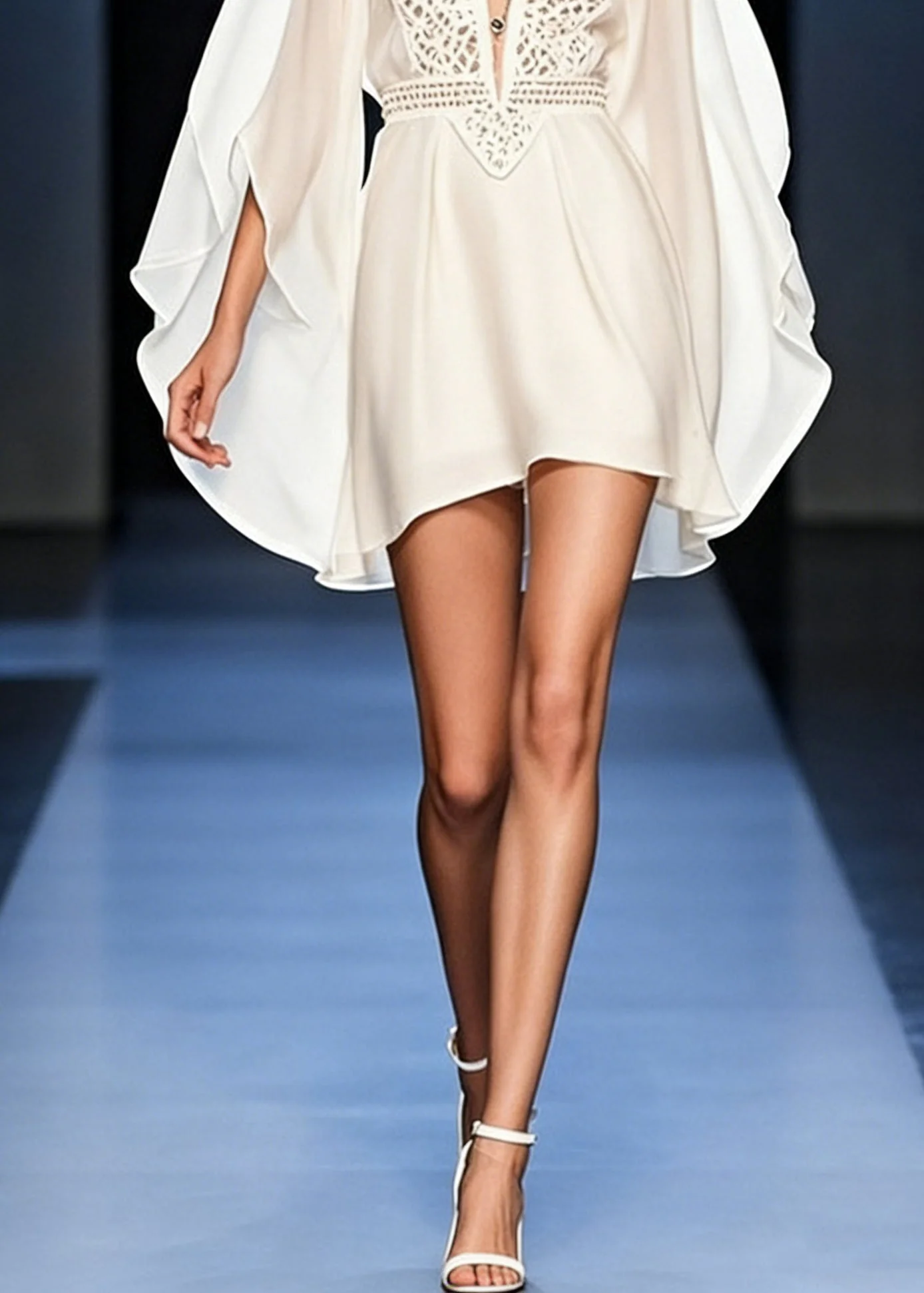 Italian White V Neck Hollow Out Chiffon Mid Dress Batwing Sleeve - Image 5