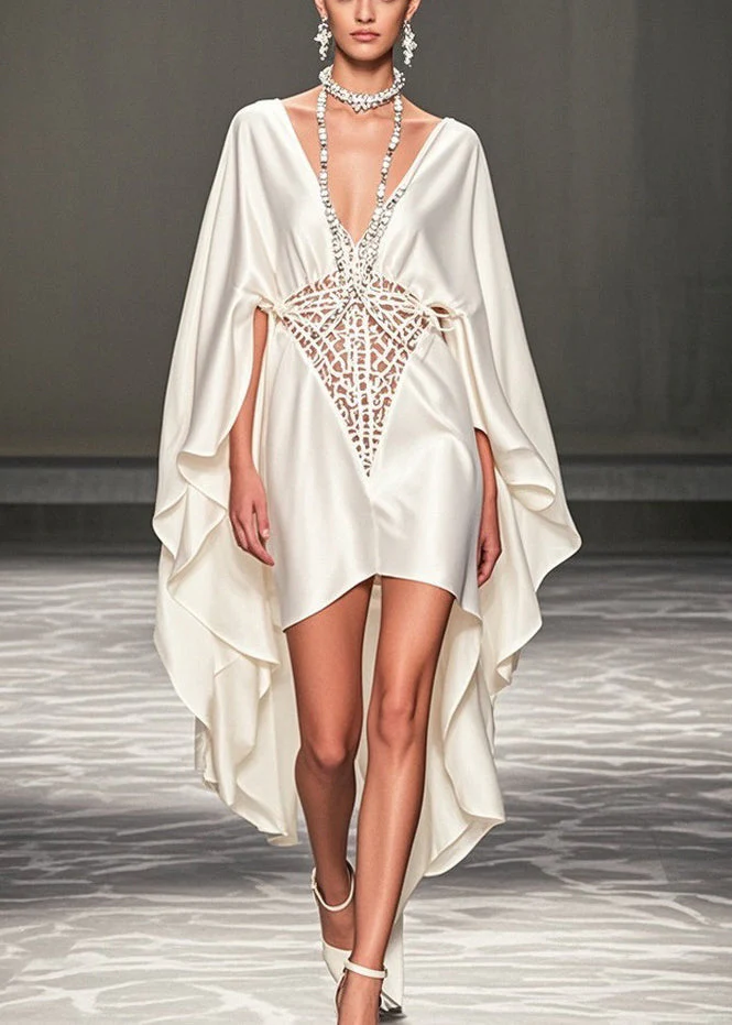 Italian White V Neck Hollow Out Hollow Out Silk Party Dress Spring - Image 3