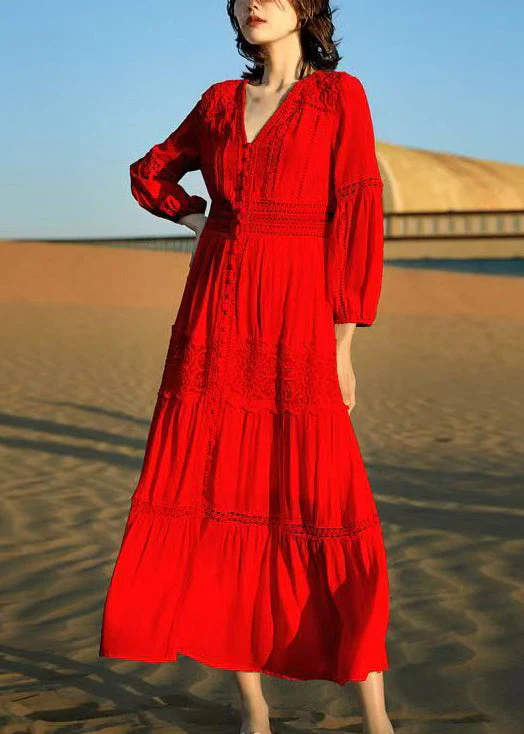 Italian White V Neck Lace Hollow Out Cotton Shirts Dress Fall - Image 2