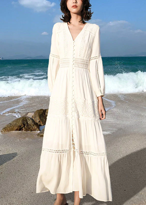 Italian White V Neck Lace Hollow Out Cotton Shirts Dress Fall - Image 3