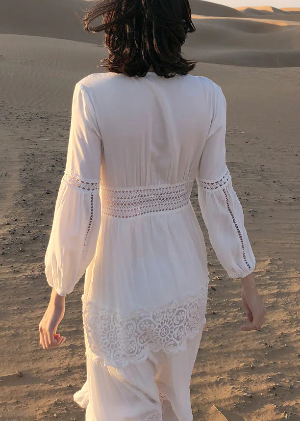 Italian White V Neck Lace Hollow Out Cotton Shirts Dress Fall - Image 5