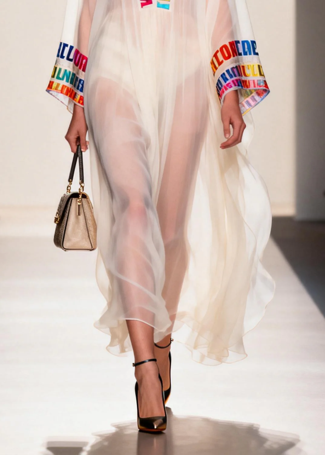 Italian White V Neck Letter Print Chiffon Sheer Dress Summer - Image 4