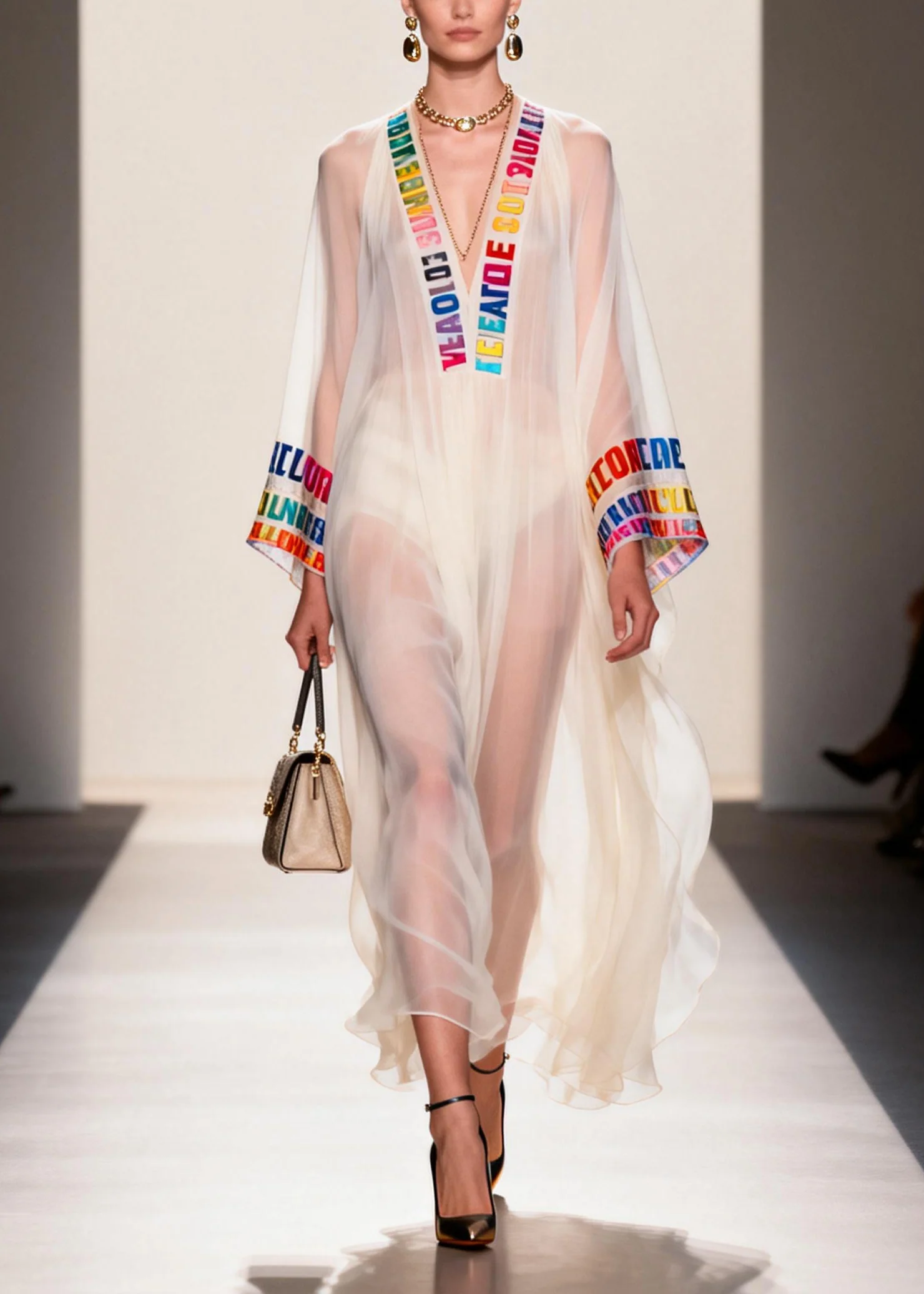 Italian White V Neck Letter Print Chiffon Sheer Dress Summer - Image 5
