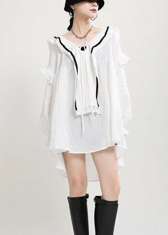 Italian White V Neck Loose Patchwork Fall Long sleeve Dress - Image 2