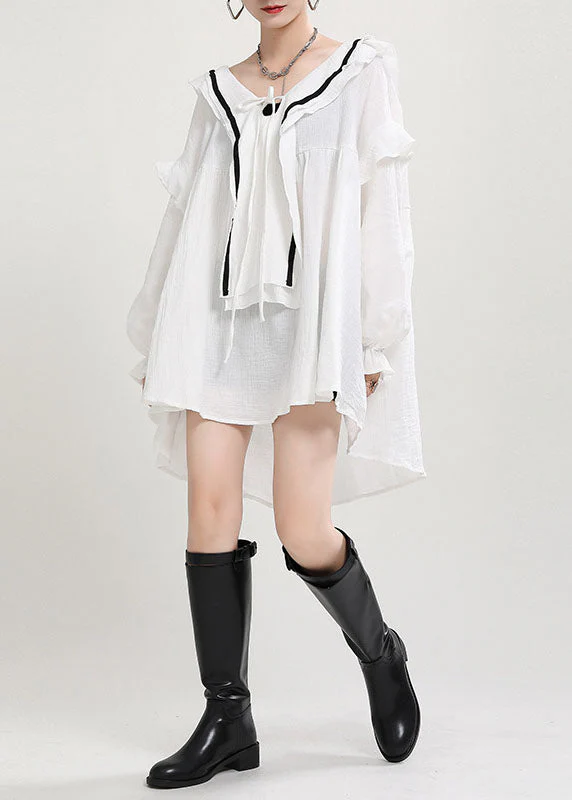 Italian White V Neck Loose Patchwork Fall Long sleeve Dress - Image 3