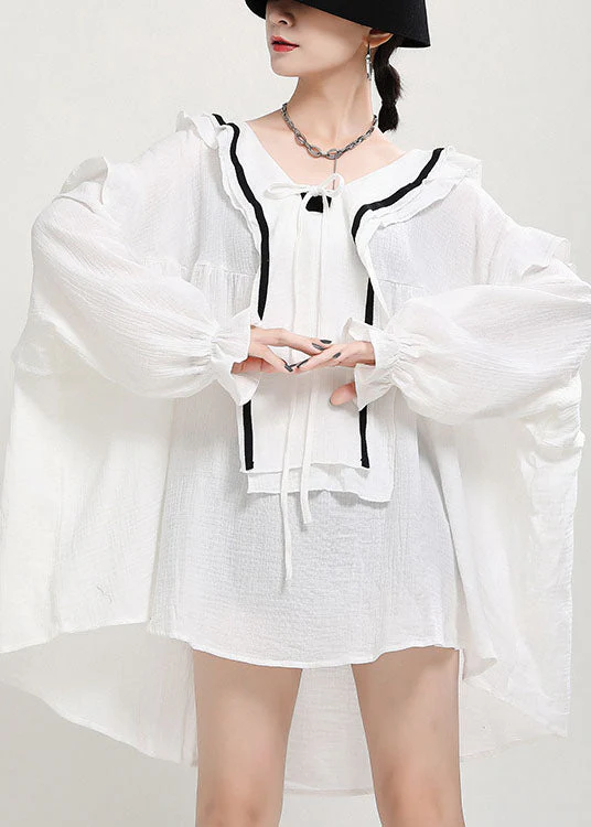 Italian White V Neck Loose Patchwork Fall Long sleeve Dress - Image 5