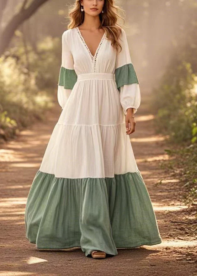 Italian White V Neck Patchwork Cotton Ankle Dress Spring - Image 3