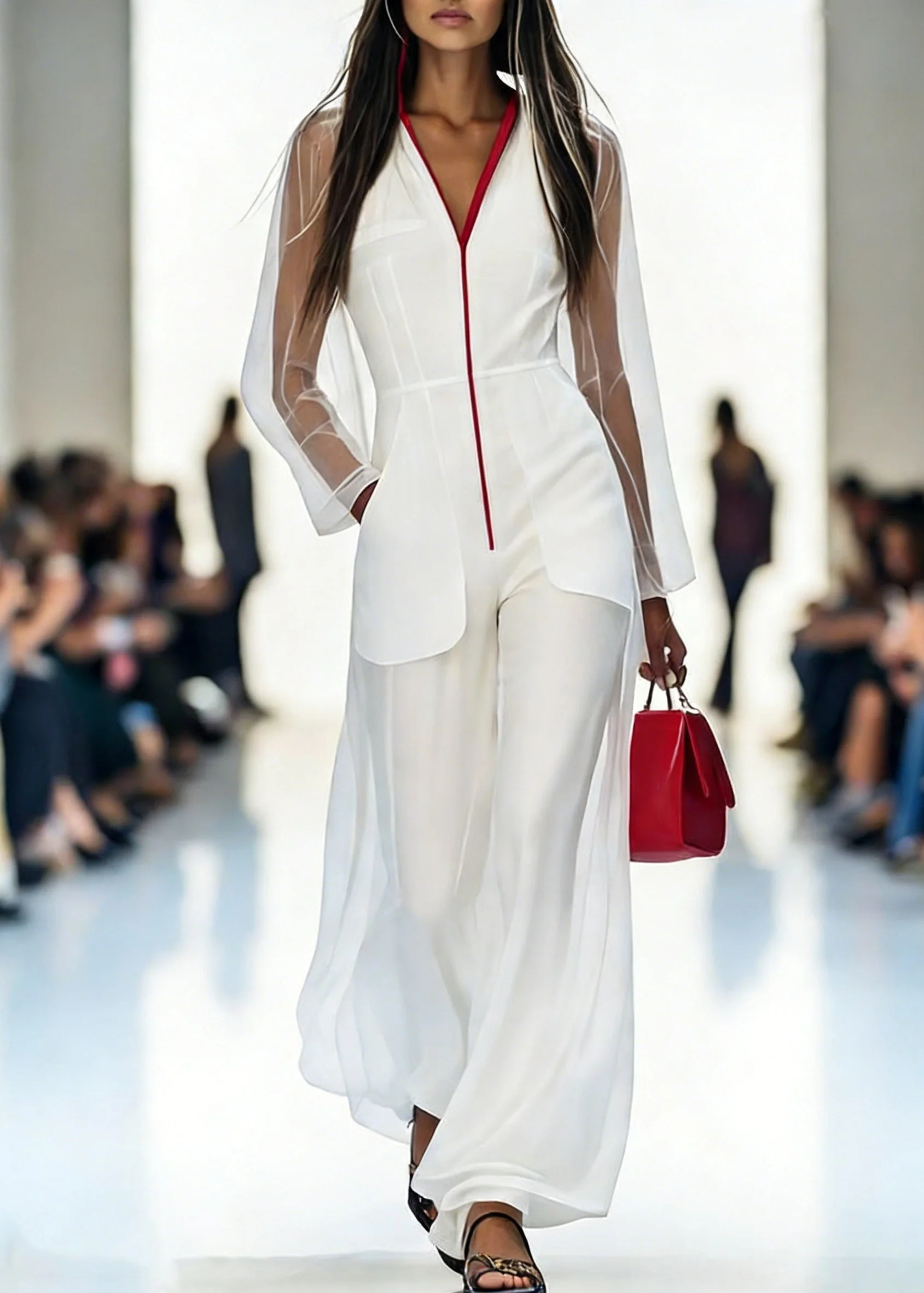 Italian White V Neck Pockets Tulle Jumpsuits Pants Spring - Image 3