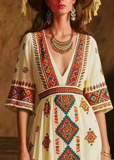 Italian White V Neck Print Chiffon Maxi Dress Half Sleeve - Image 2