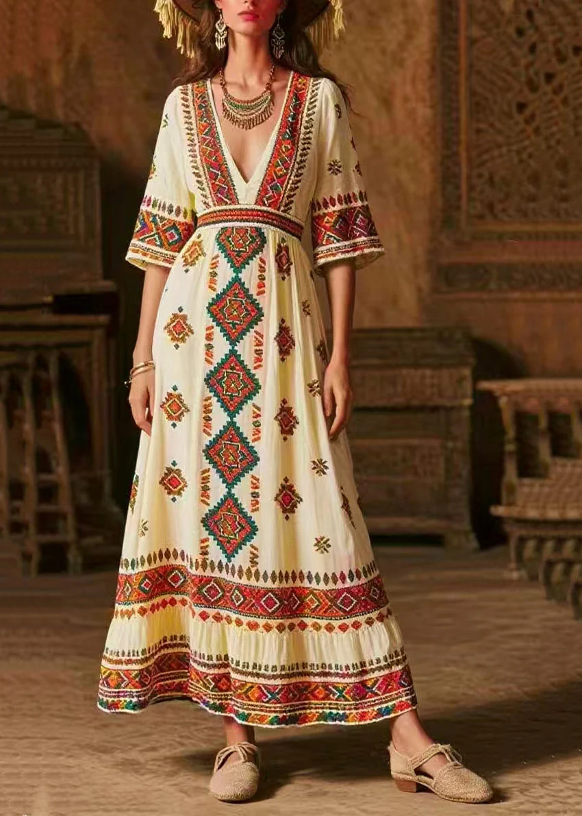 Italian White V Neck Print Chiffon Maxi Dress Half Sleeve - Image 3