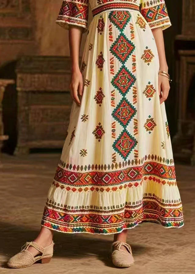 Italian White V Neck Print Chiffon Maxi Dress Half Sleeve - Image 4