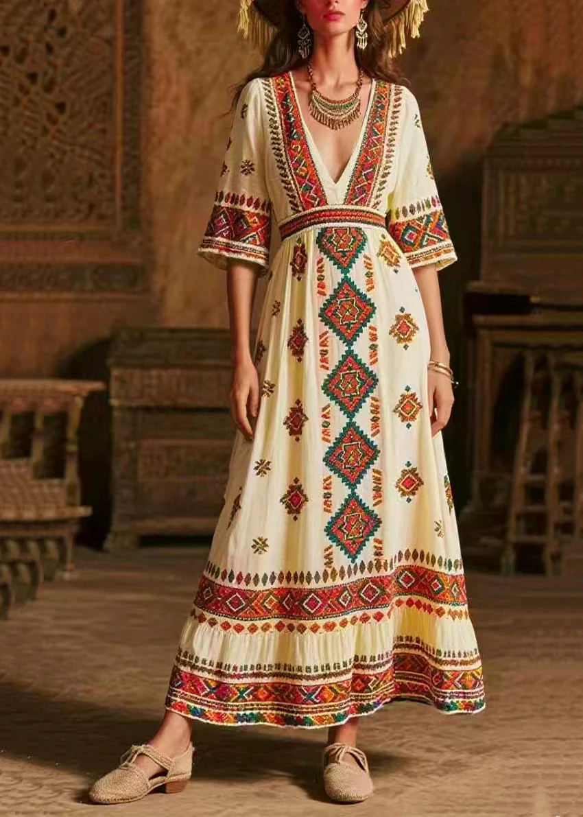 Italian White V Neck Print Chiffon Maxi Dress Half Sleeve - Image 5