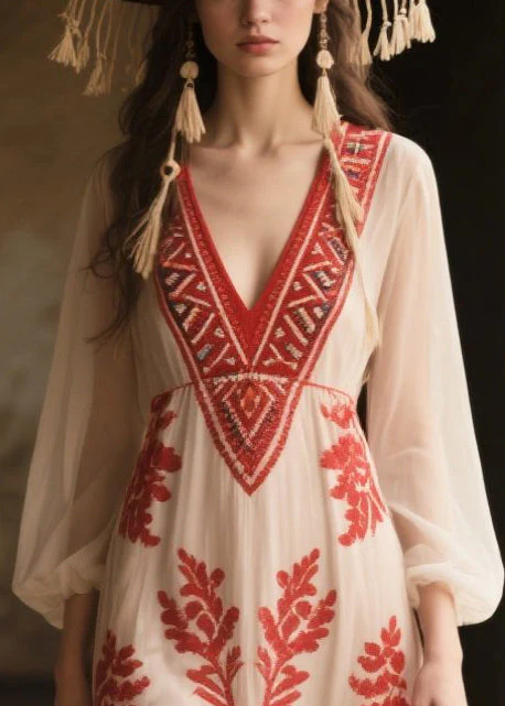 Italian White V Neck Print Chiffon Vacation Dress Fall - Image 2