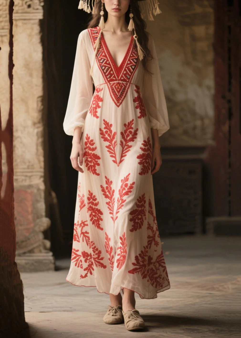 Italian White V Neck Print Chiffon Vacation Dress Fall - Image 3