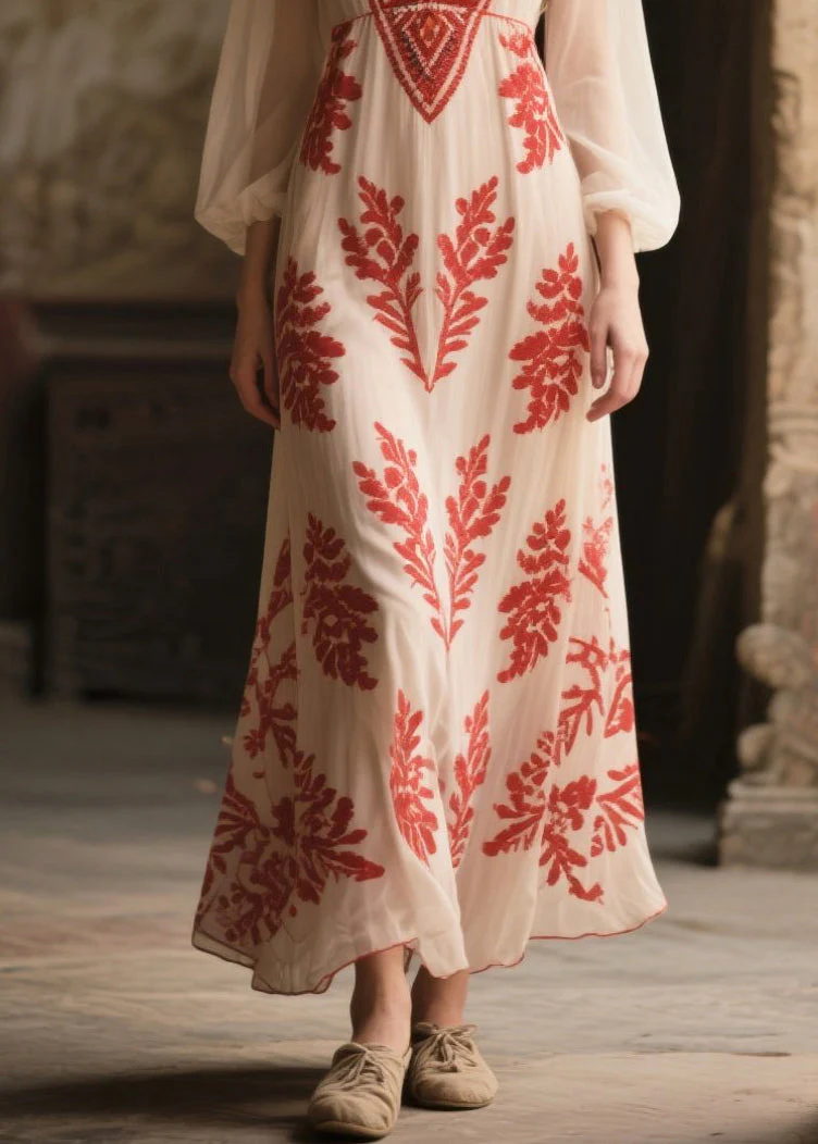 Italian White V Neck Print Chiffon Vacation Dress Fall - Image 4