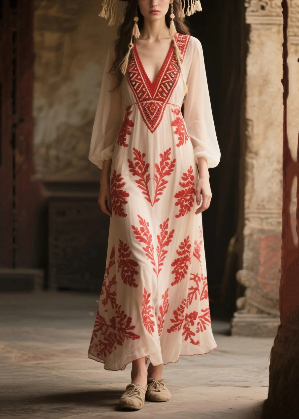 Italian White V Neck Print Chiffon Vacation Dress Fall - Image 5