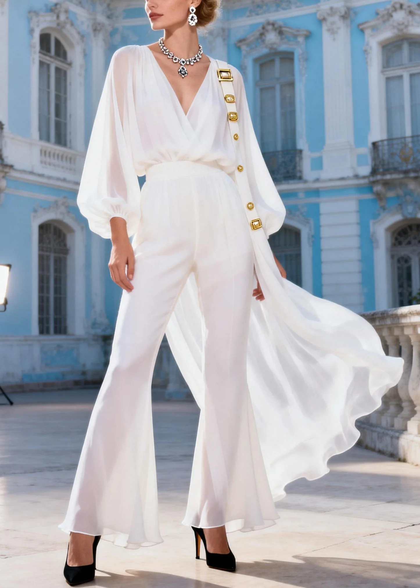 Italian White V Neck Ribbon Detachable Tops And Bell Bottom Trousers Two Pieces Set Spring - Image 3