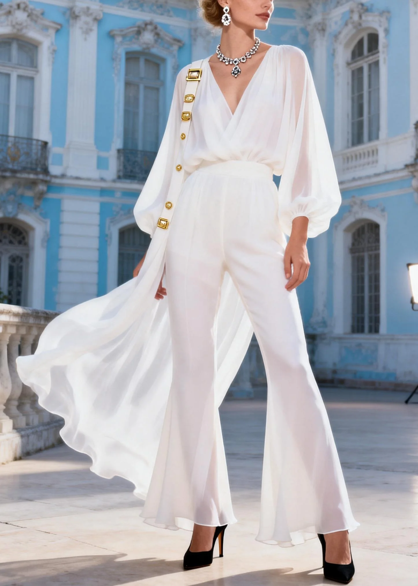 Italian White V Neck Ribbon Detachable Tops And Bell Bottom Trousers Two Pieces Set Spring - Image 5